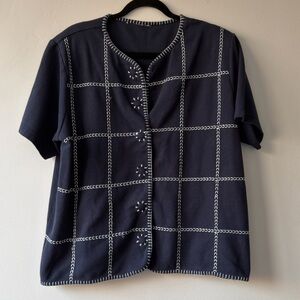 Vintage Like‎ Navy Whipstitch Grid Short Sleeve Cardigan Knit Top Button Front